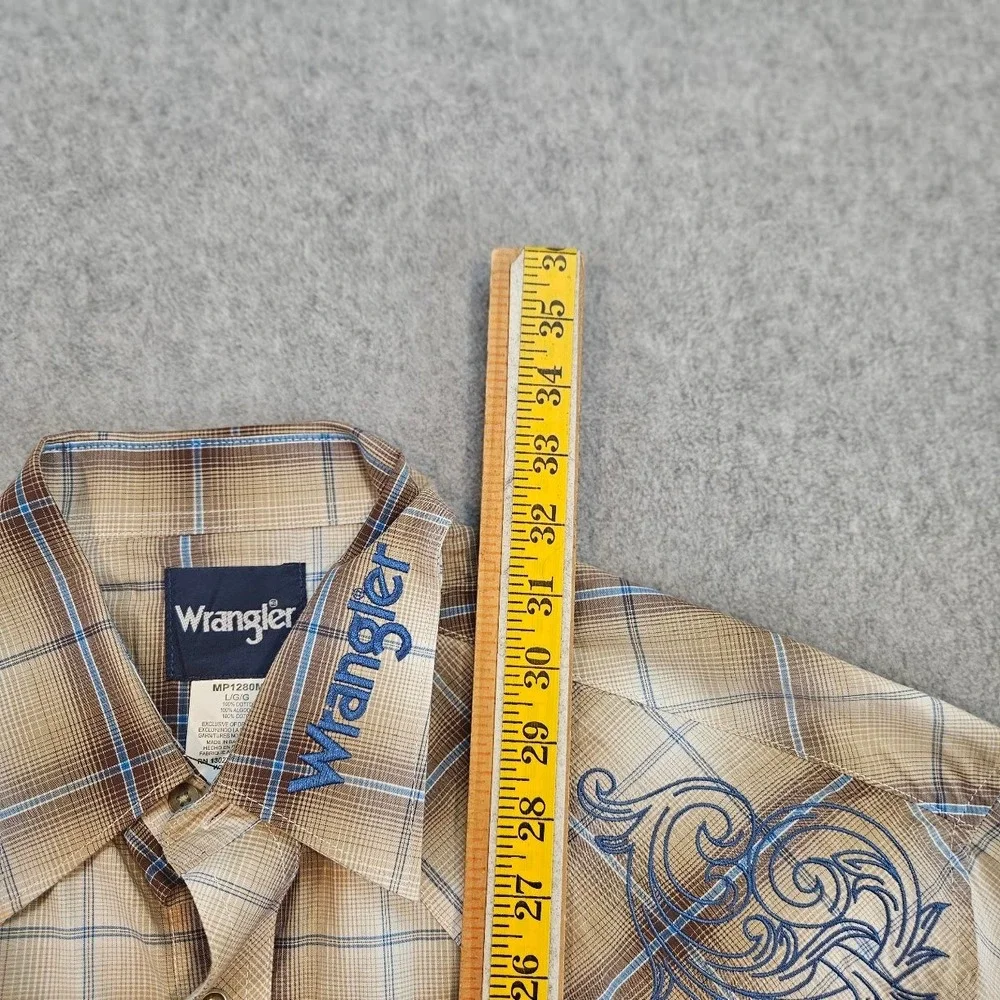 Wrangler Mens Plaid Western Pearl Snap Shirt Embroidered Rodeo Tan Blue L
